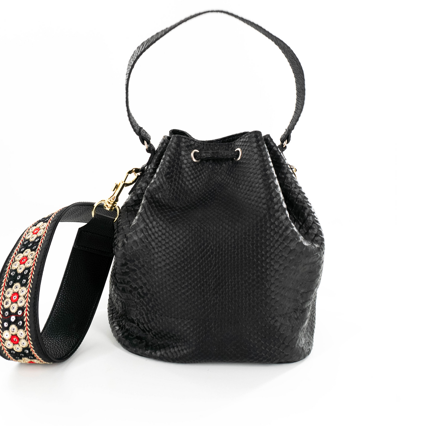 Bucket Bag in Black Embossed Python Skin