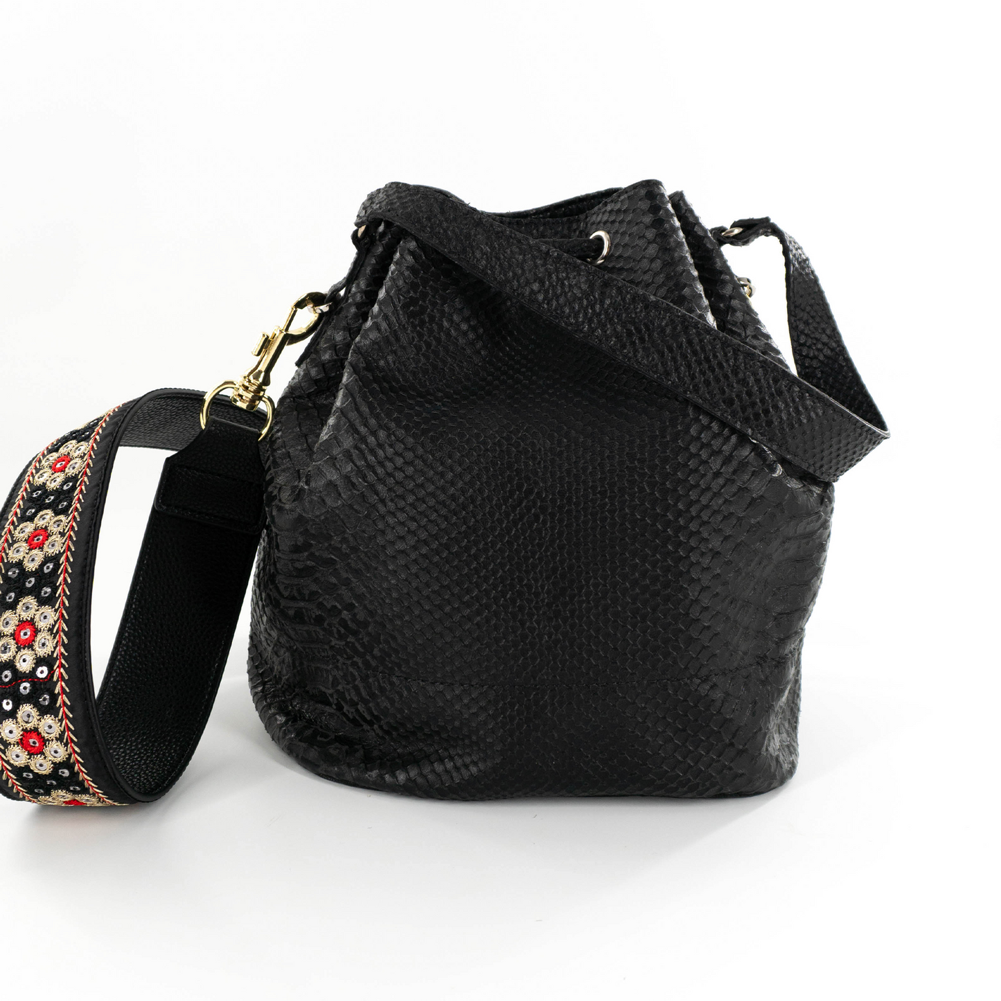 Bucket Bag in Black Embossed Python Skin