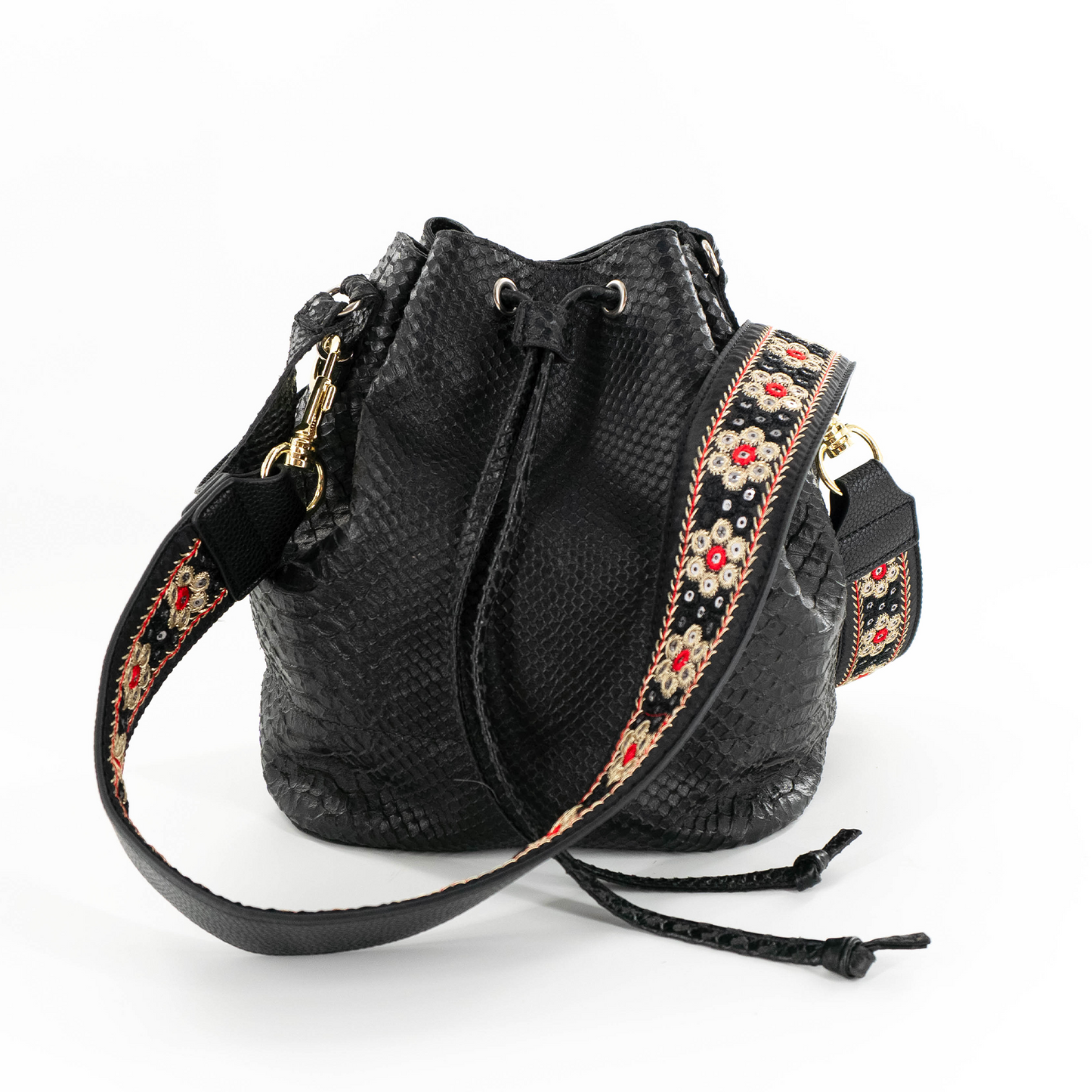 Bucket Bag in Black Embossed Python Skin