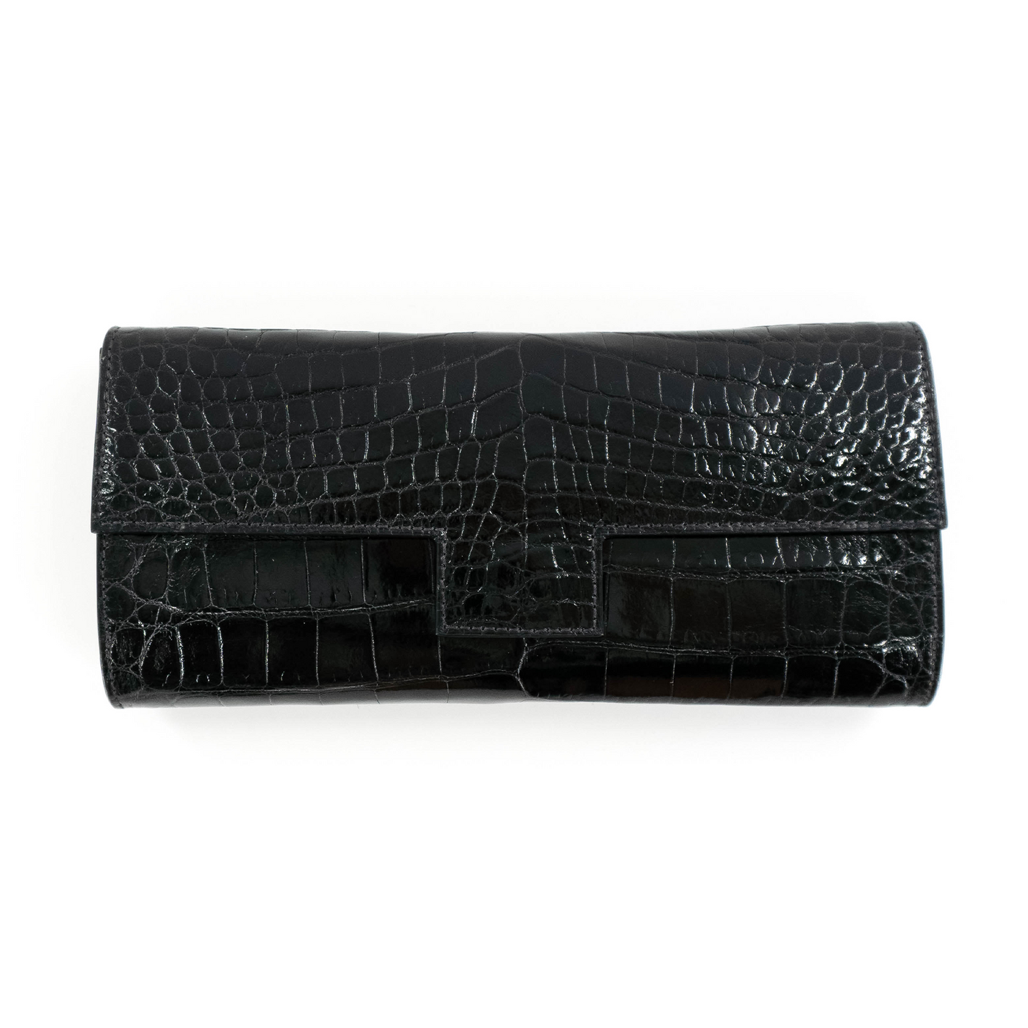 Flat Clutch in Shiny Black Crocodile Belly Skin