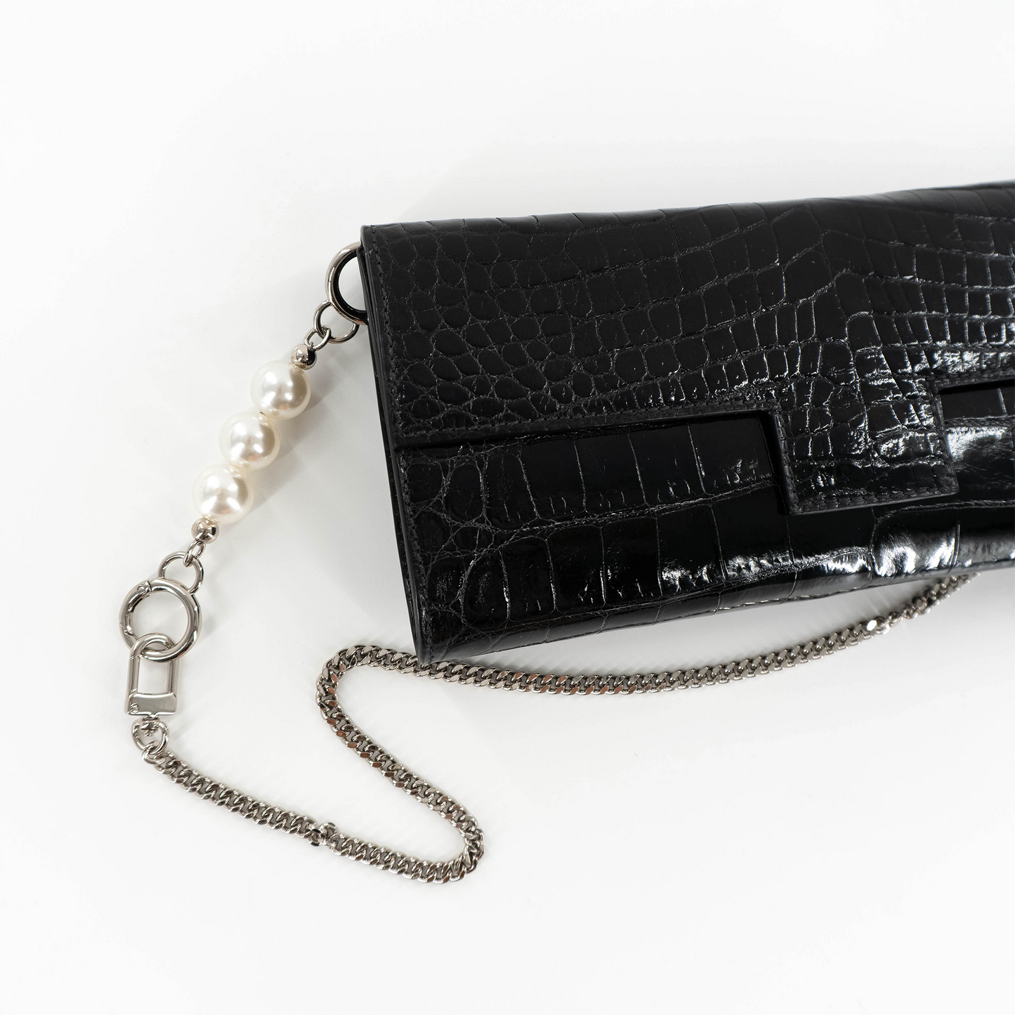 Flat Clutch in Shiny Black Crocodile Belly Skin