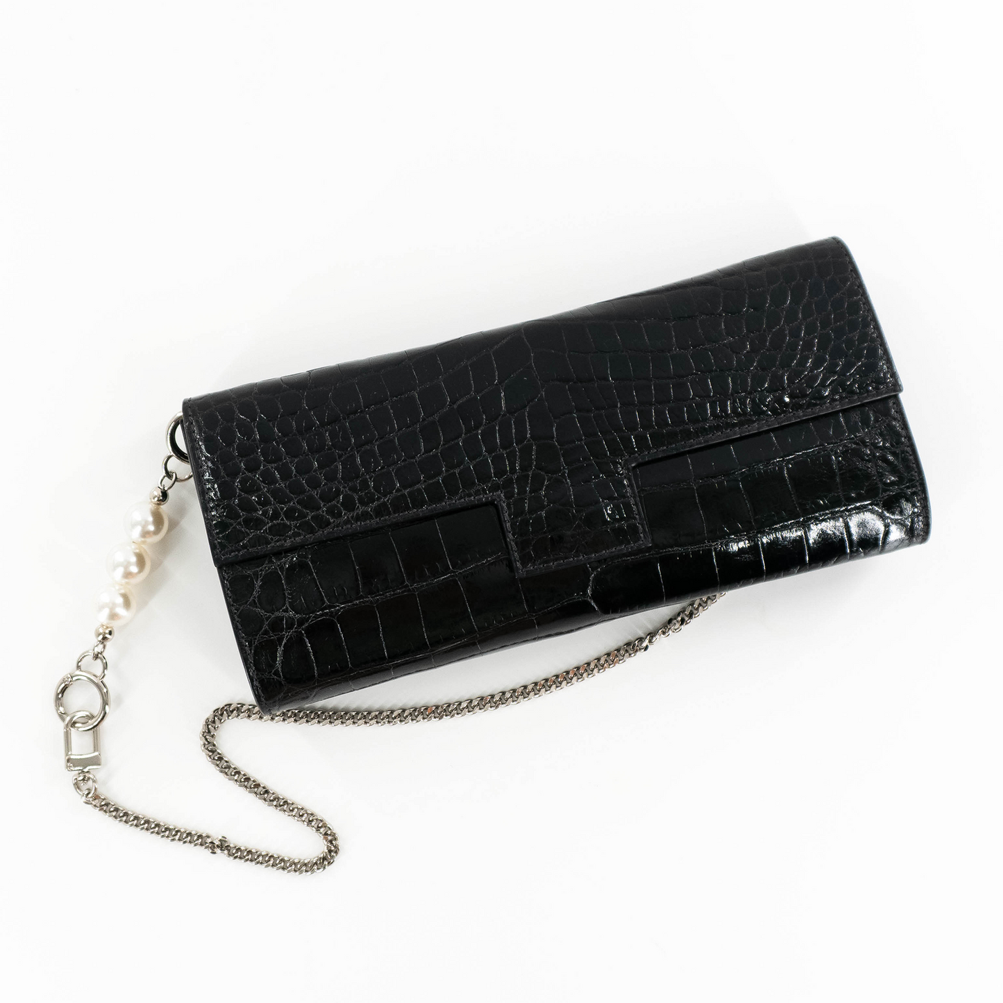 Flat Clutch in Shiny Black Crocodile Belly Skin