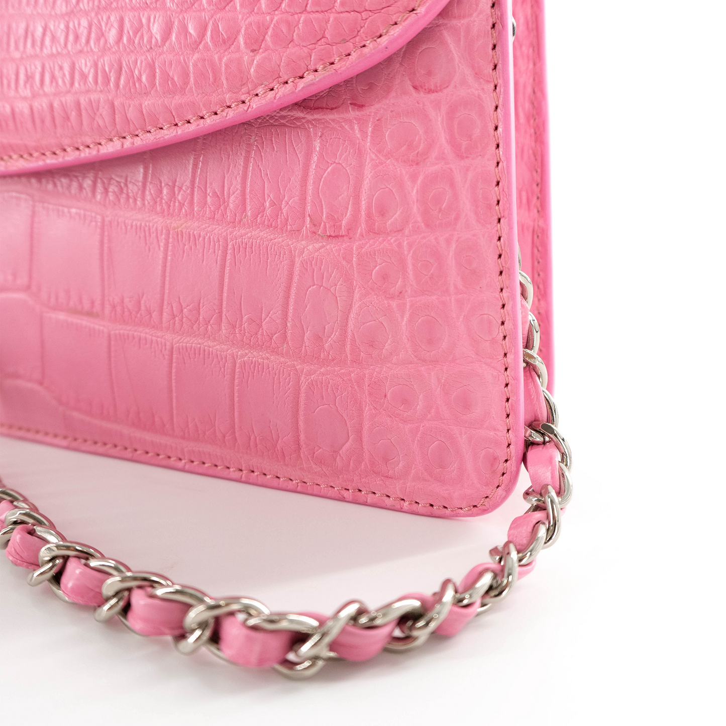 Half Moon Standing Clutch in Matte Pink Crocodile Belly Skin