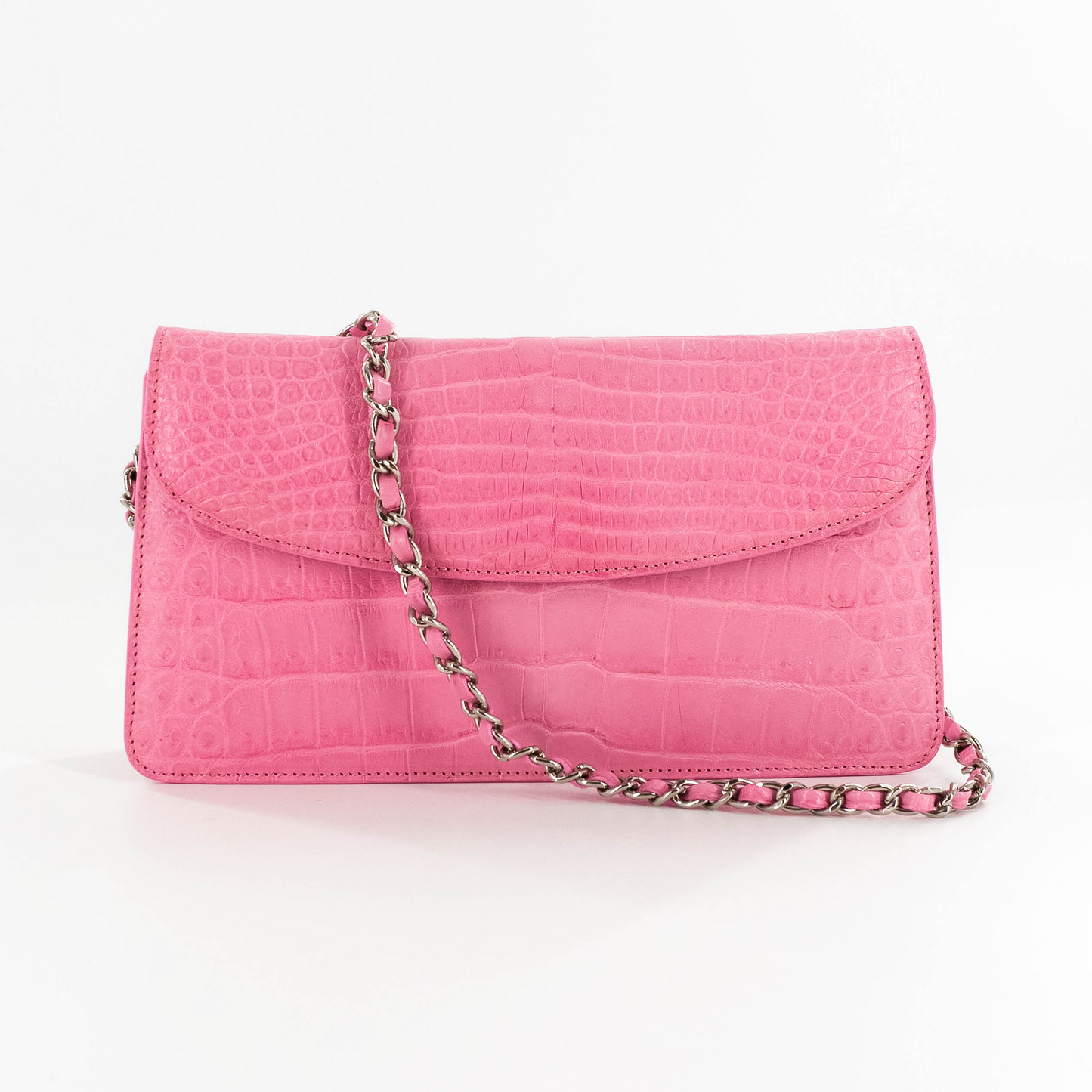 Half Moon Standing Clutch in Matte Pink Crocodile Belly Skin
