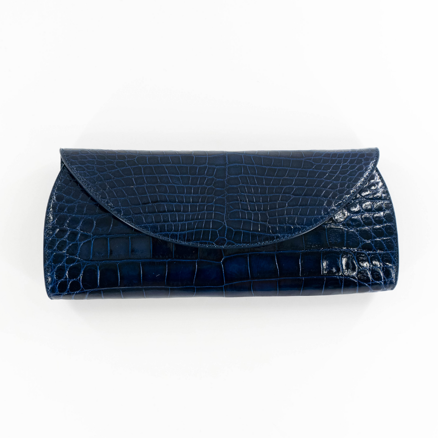 Half Moon Clutch in Shiny Navy Blue Crocodile Belly Skin