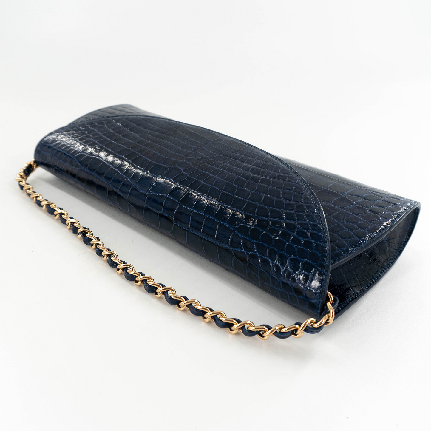Half Moon Clutch in Shiny Navy Blue Crocodile Belly Skin