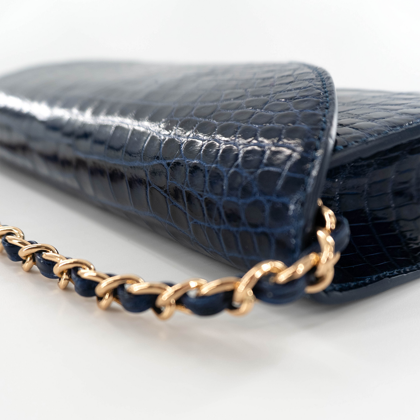 Half Moon Clutch in Shiny Navy Blue Crocodile Belly Skin