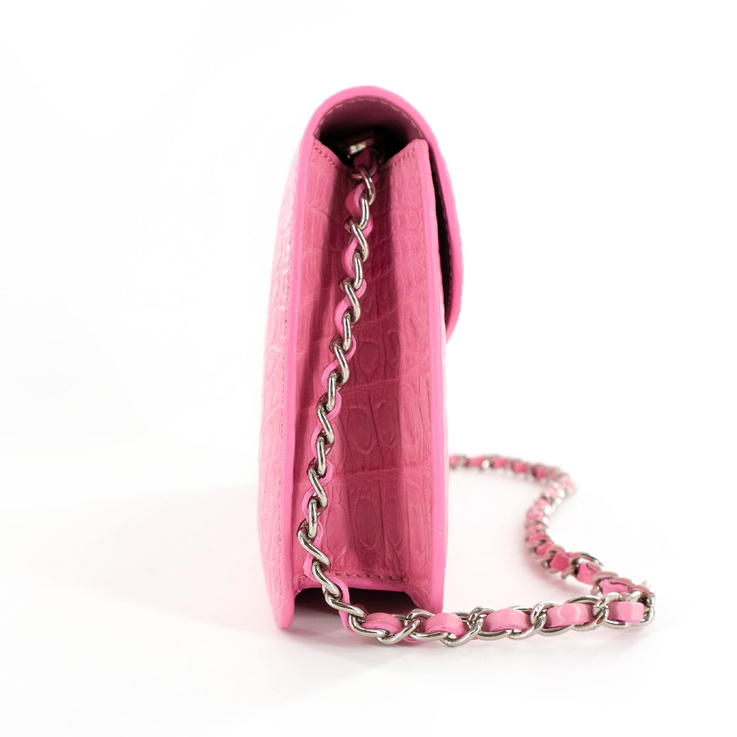 Half Moon Standing Clutch in Matte Pink Crocodile Belly Skin