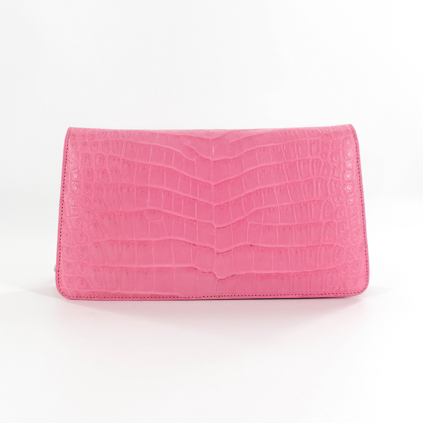 Half Moon Standing Clutch in Matte Pink Crocodile Belly Skin