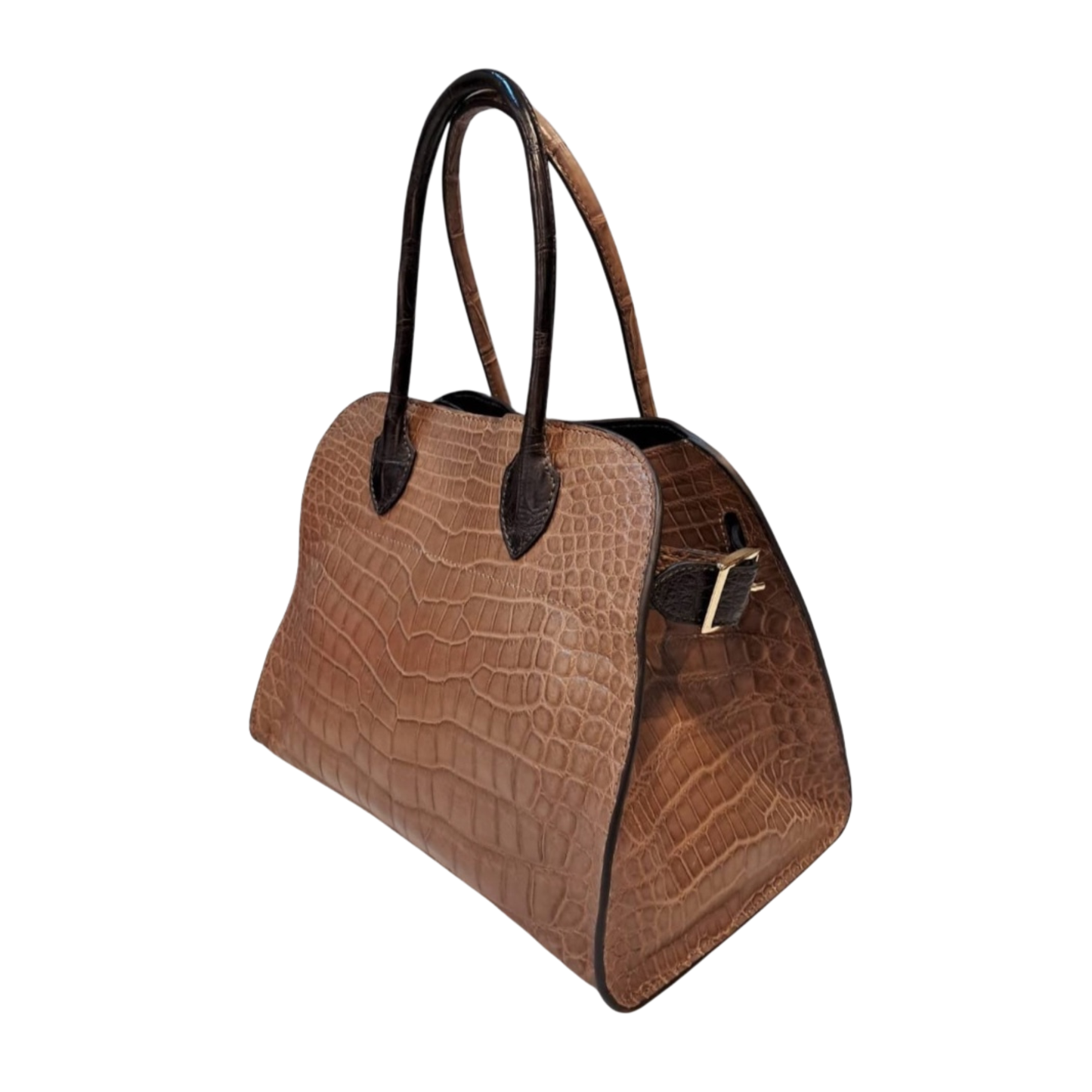 Rowena Light Brown Two-Tone Handle Crocodile Belly Skin Handbag