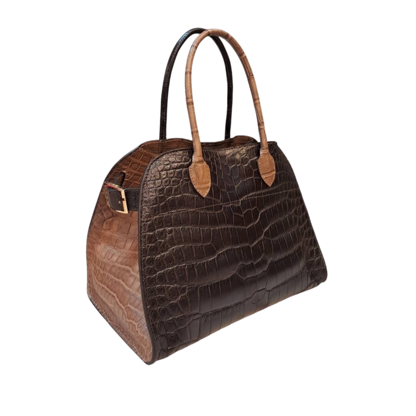 Rowena Dark and Light Brown Color Block Crocodile Belly Skin Handbag