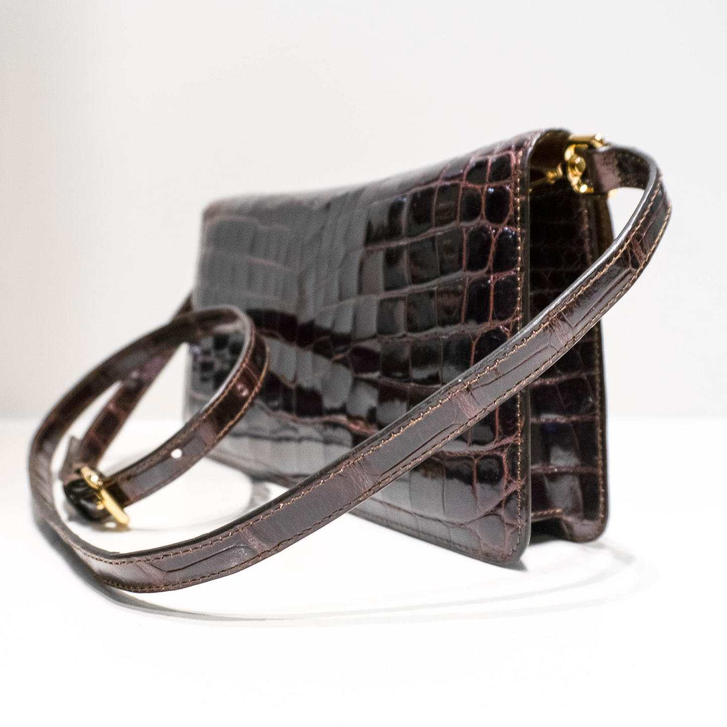 Half Moon Standing Clutch in Shiny Chocolate Brown Crocodile Belly Skin