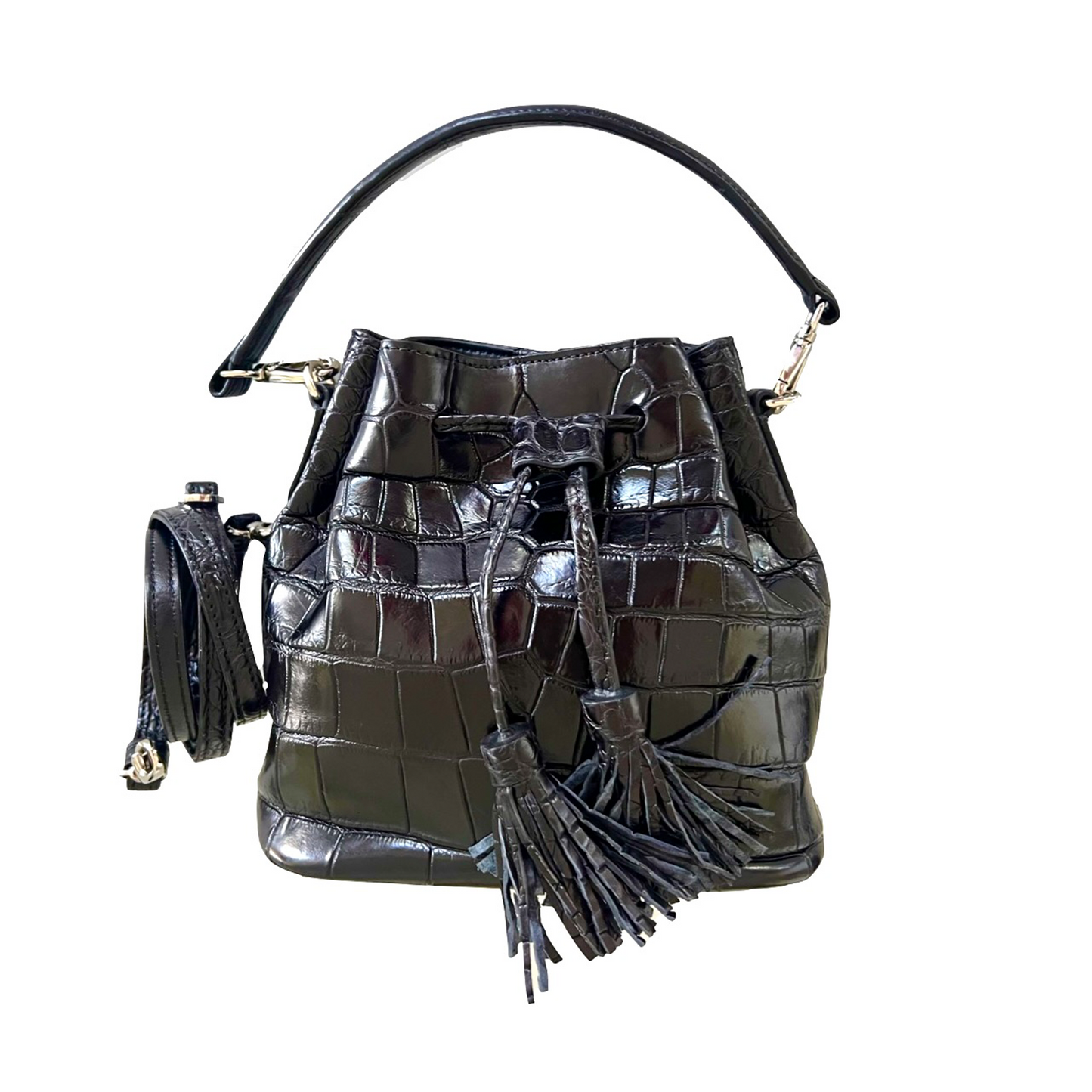 Bucket Bag in Black Matte Crocodile Belly Skin