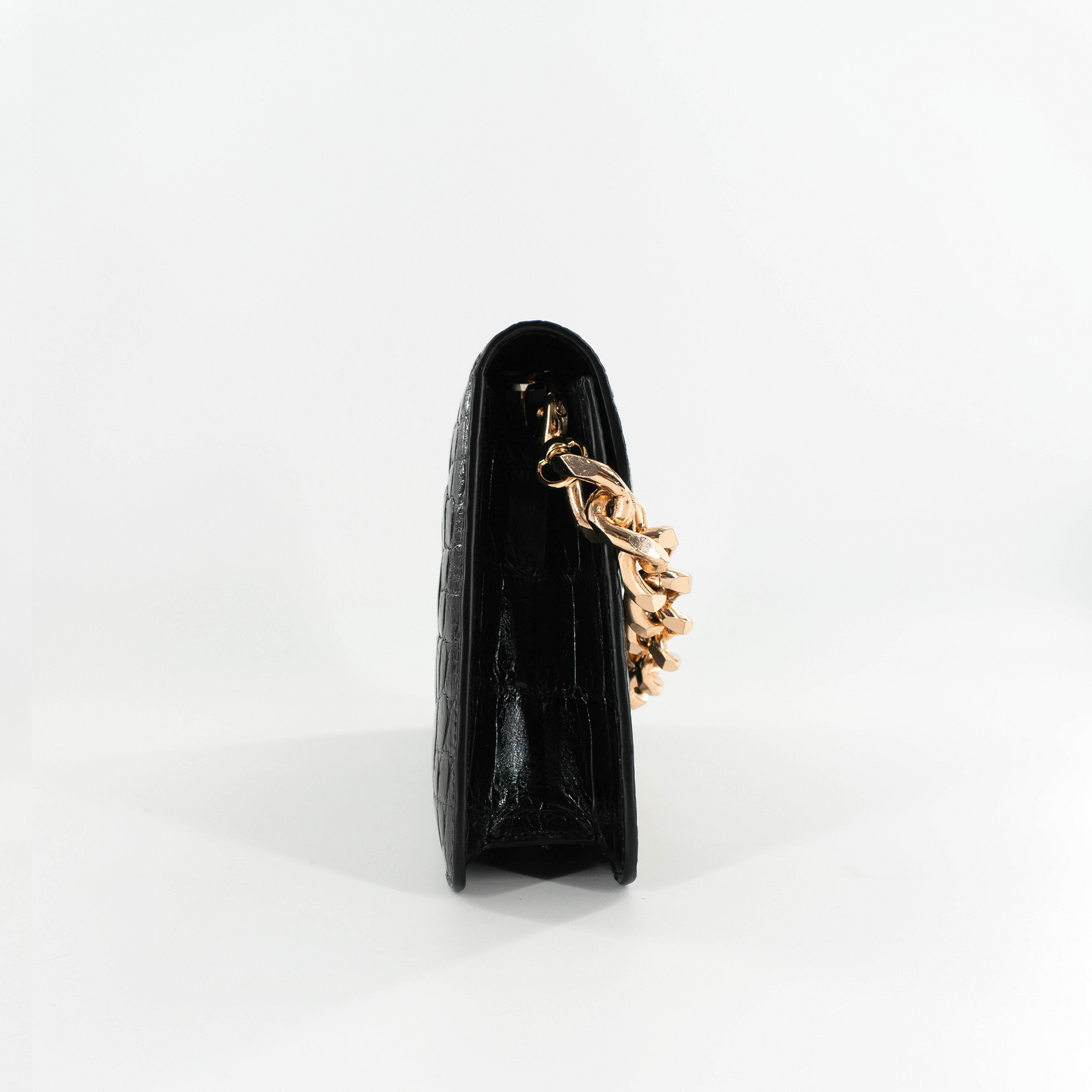 Half Moon Standing Clutch in Shiny Black Crocodile Belly Skin