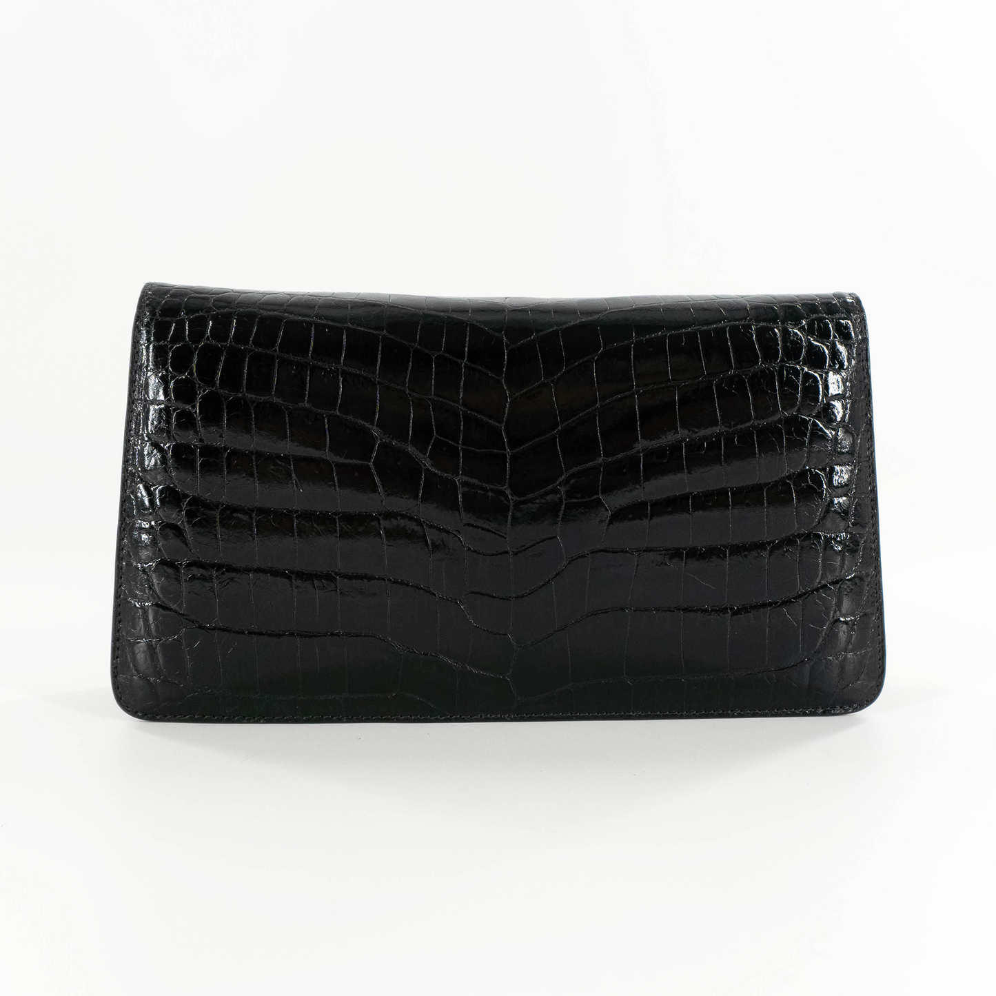 Half Moon Standing Clutch in Shiny Black Crocodile Belly Skin