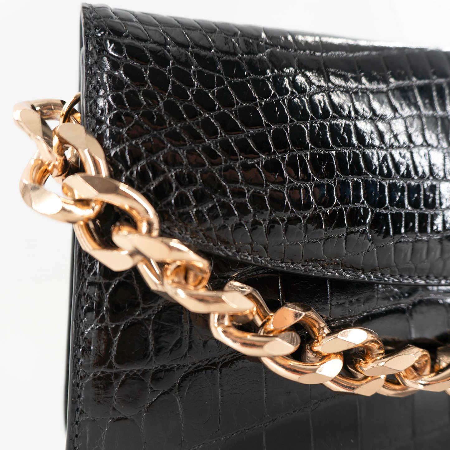 Half Moon Standing Clutch in Shiny Black Crocodile Belly Skin