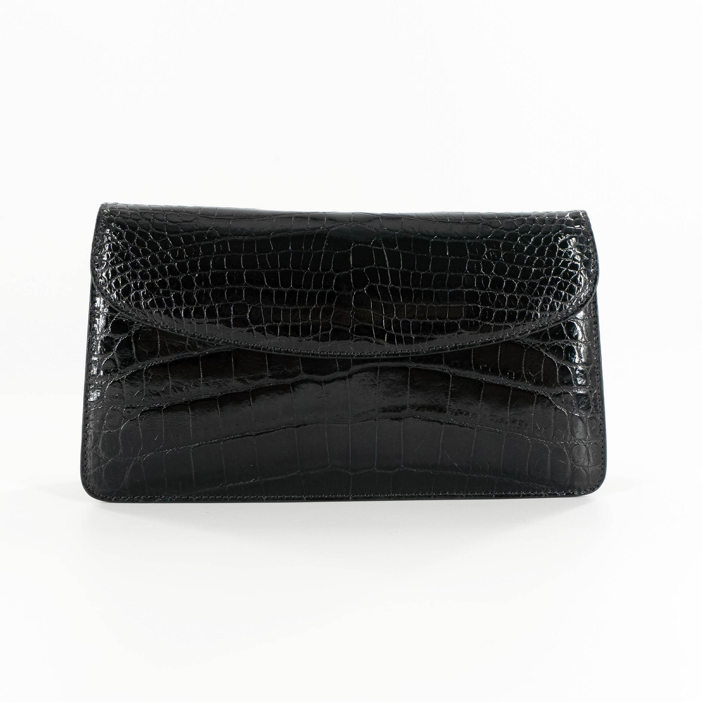 Half Moon Standing Clutch in Shiny Black Crocodile Belly Skin