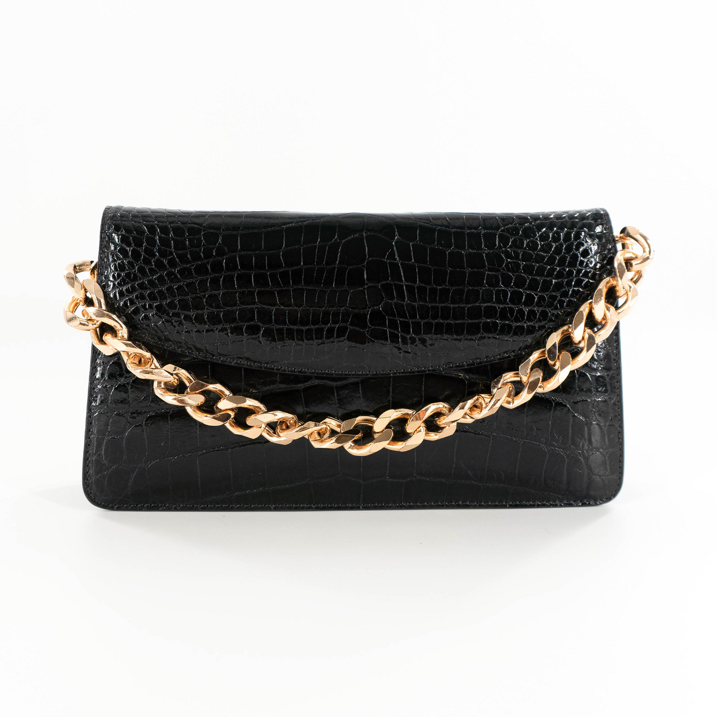 Half Moon Standing Clutch in Shiny Black Crocodile Belly Skin