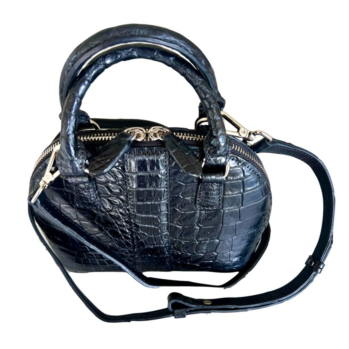 Mini Two Handle Handbag in Matte Black Crocodile Belly Skin