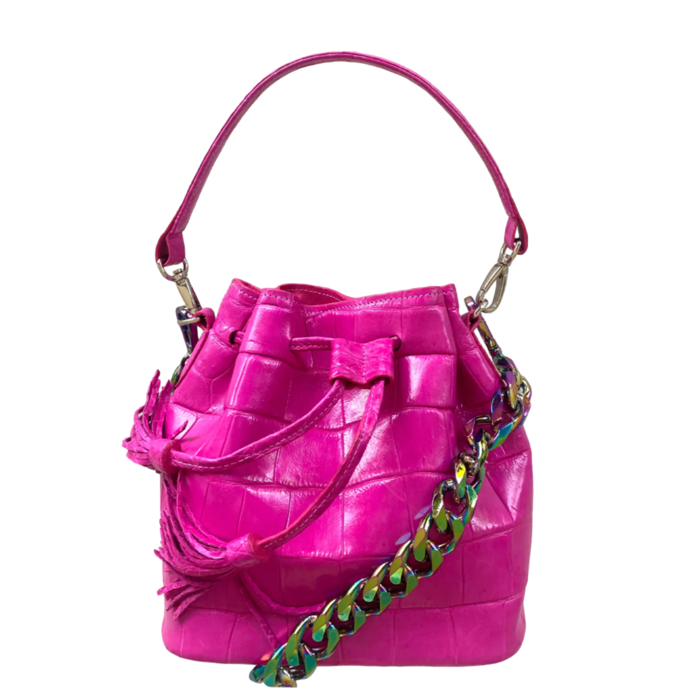 Bucket Bag in Fuchsia Pink Crocodile Skin