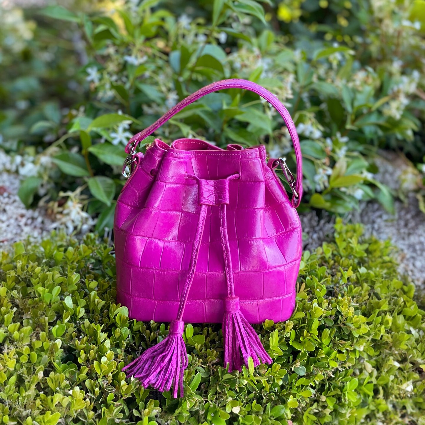 Bucket Bag in Fuchsia Pink Crocodile Skin