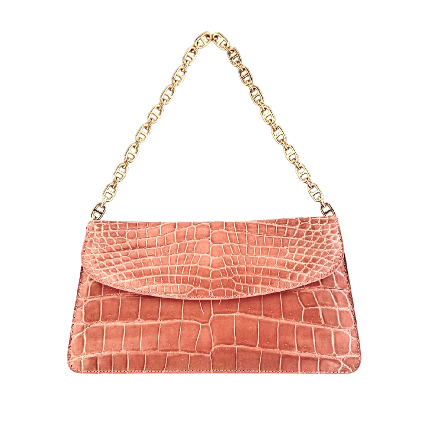 Half Moon Standing Clutch in Shiny Light Pink Nile Crocodile Belly Skin