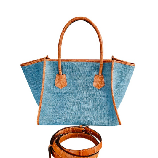 Angle Handbag in Denim and Crocodile Skin