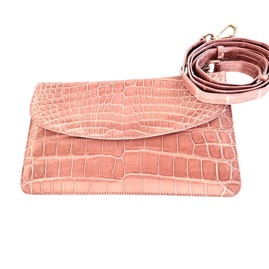 Half Moon Standing Clutch in Shiny Light Pink Nile Crocodile Belly Skin