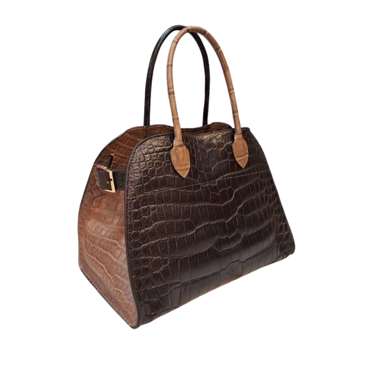 Rowena Dark and Light Brown Color Block Crocodile Belly Skin Handbag