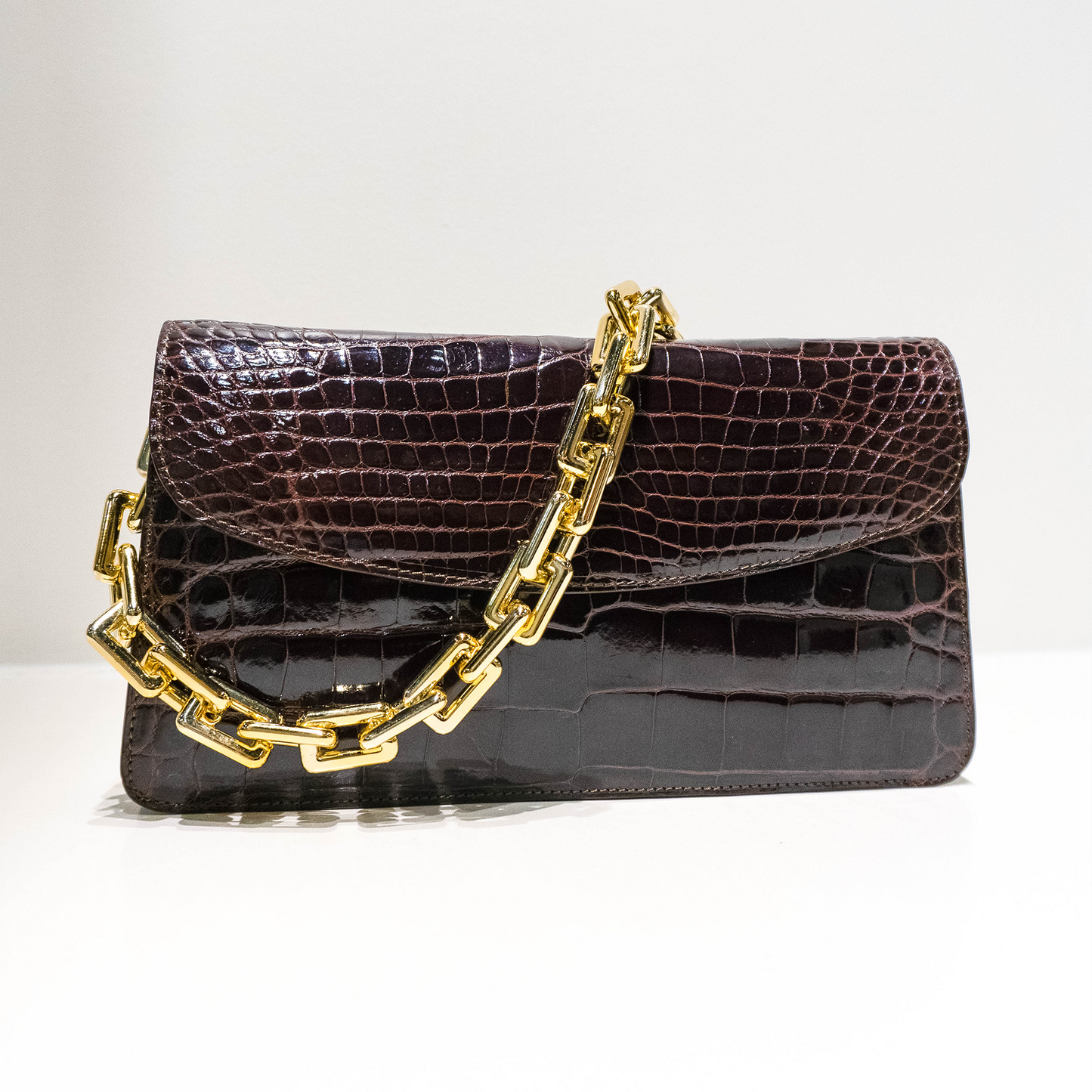 Half Moon Standing Clutch in Shiny Chocolate Brown Crocodile Belly Skin