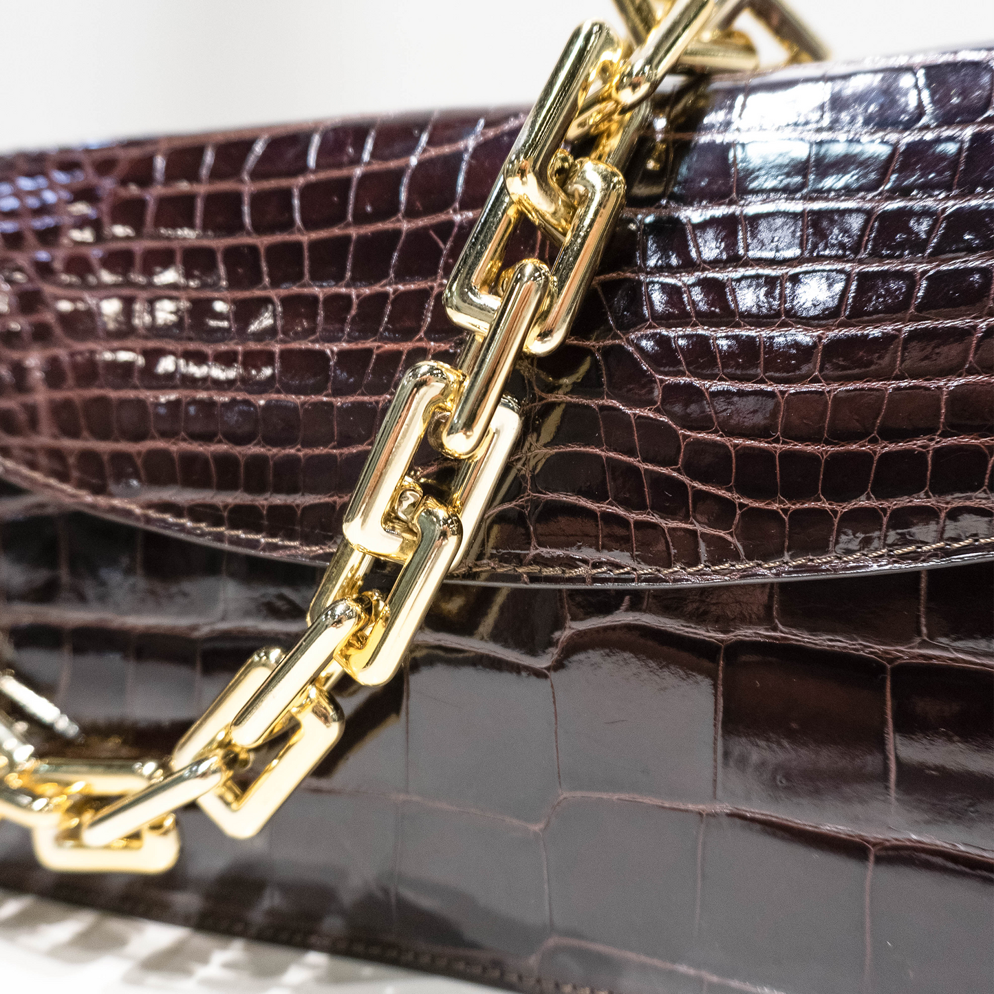 Half Moon Standing Clutch in Shiny Chocolate Brown Crocodile Belly Skin
