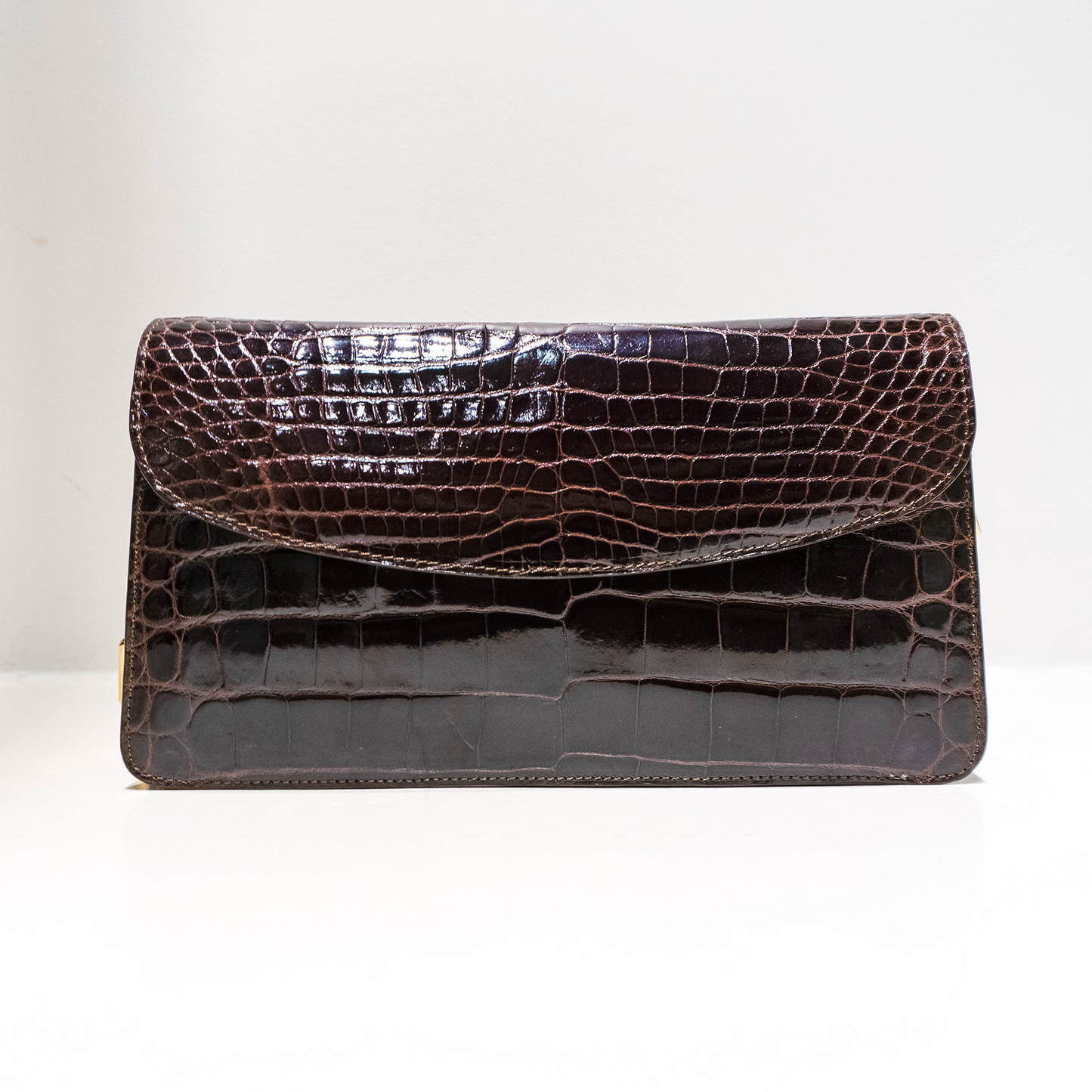 Half Moon Standing Clutch in Shiny Chocolate Brown Crocodile Belly Skin