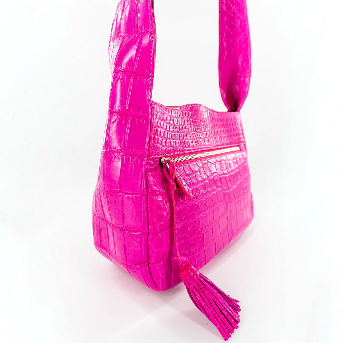 One Handle Handbag in Matte Pink Crocodile Belly Skin